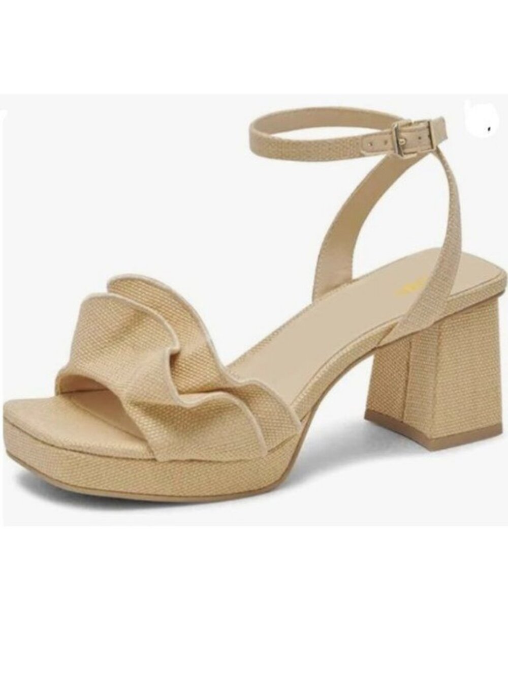 Pazzion Women Platform Square Toe Pleated Ruffle Sandals Chunky High Heels Nude